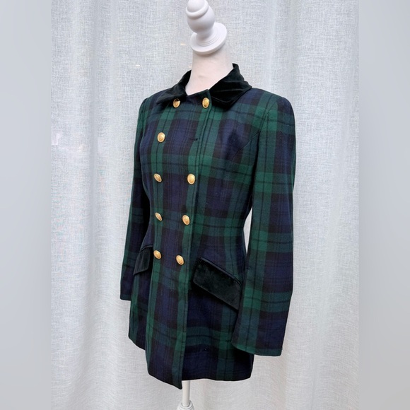 Lauren Ralph Lauren blue green plaid double breasted wool blazer - Picture 4 of 14
